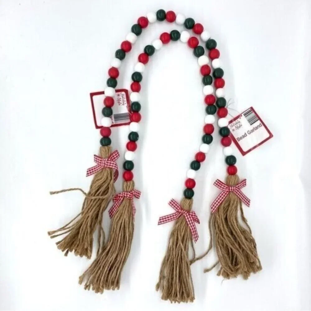 Holiday Christmas Decorative Wood Beaded Tassel Garland New